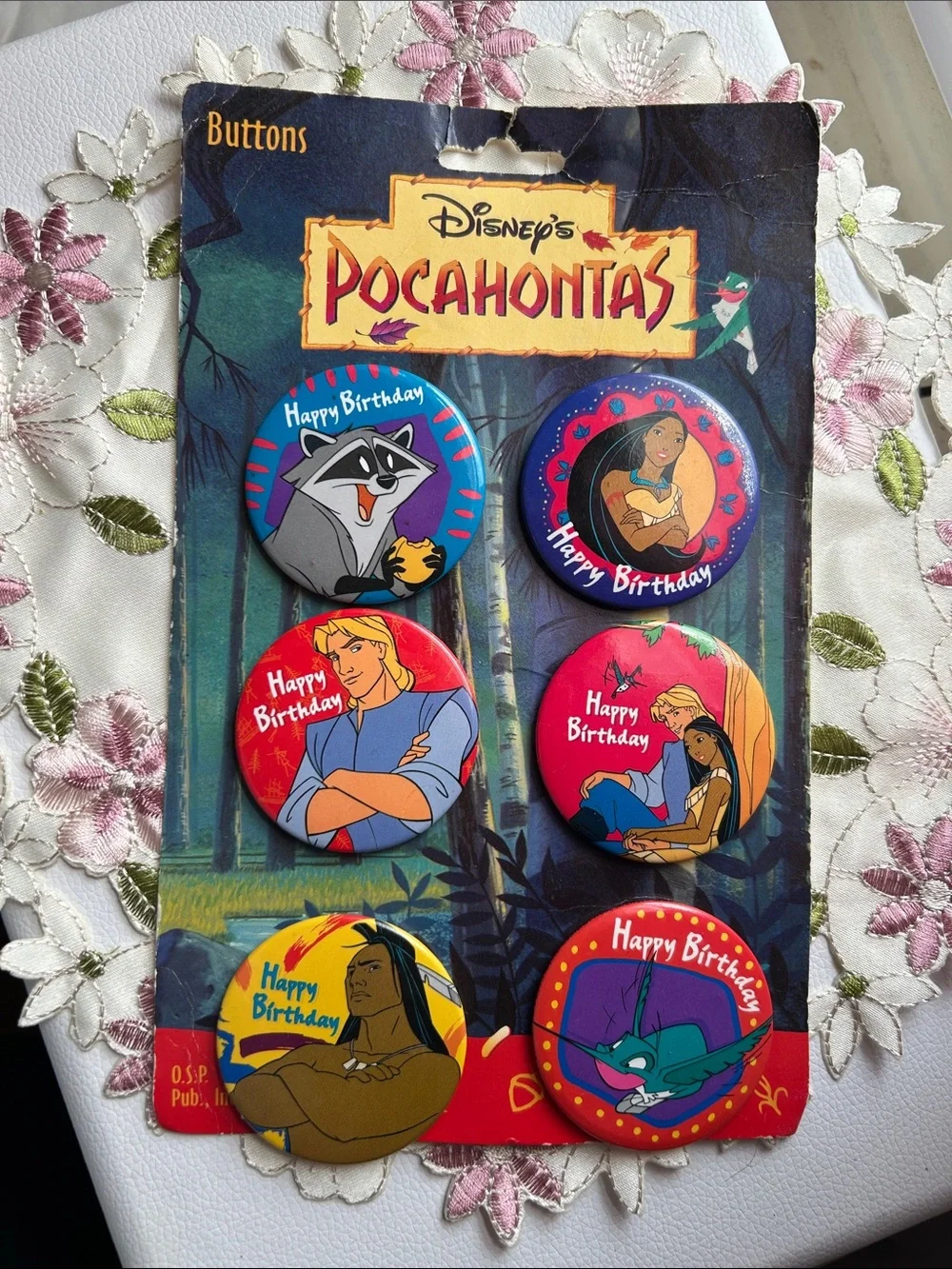 Vintage 90s Pocahontas Happy Birthday Buttons NEW